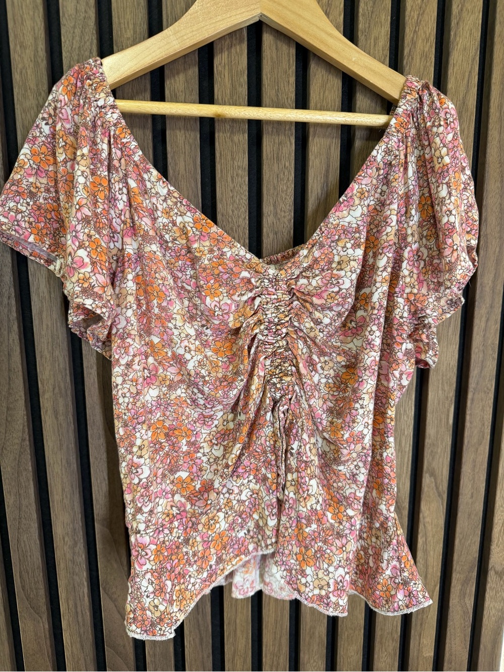 Gathered Front Floral Blouse - Pink & Orange made in India